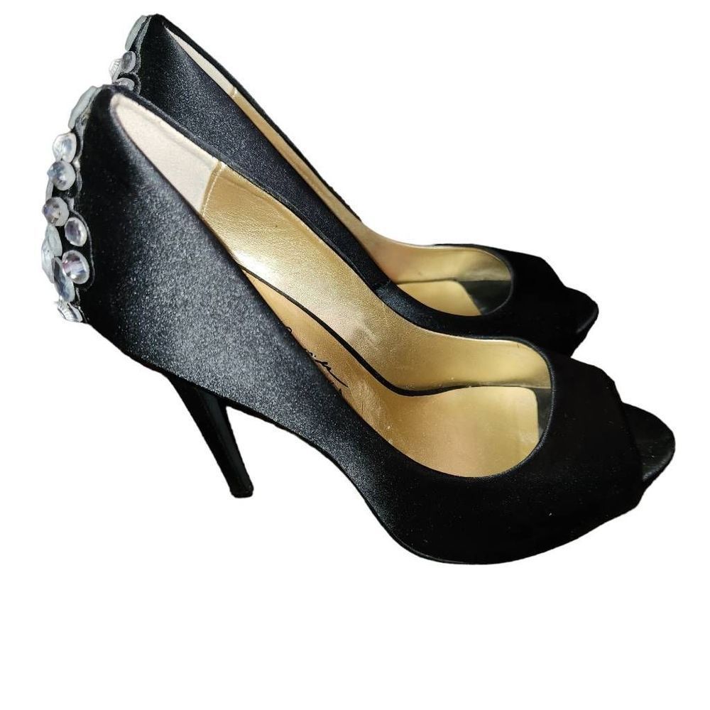 Badgley Mischka Mark James Black Satin Open Toe Jewels Heels Size 9.5